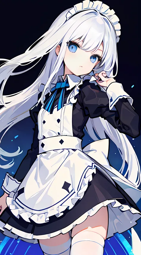 white long staight hair, blue eyes, maid outfit, black stockings, skinniy