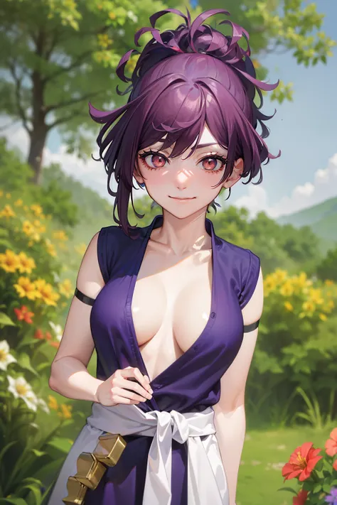 (Best quality at best:1.1), (tmasterpiece:1.2), sportrait, 1个Giant Breast Girl, yuzuriha_(earthly bliss), Purple colored hair, Brown eyes, ninjartist, Open your clothes, Chopping, little breast, Top knot, Medium hair, breasts parted, white sash, pervert sm...