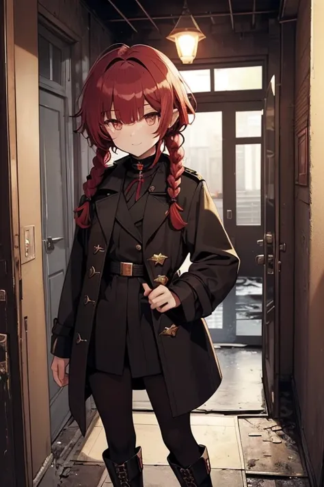 fluffy hair,red hair,((braided shorthair)),slightly red tide,((gold eyes)),(black military uniform), a black ribbon, staring at ...