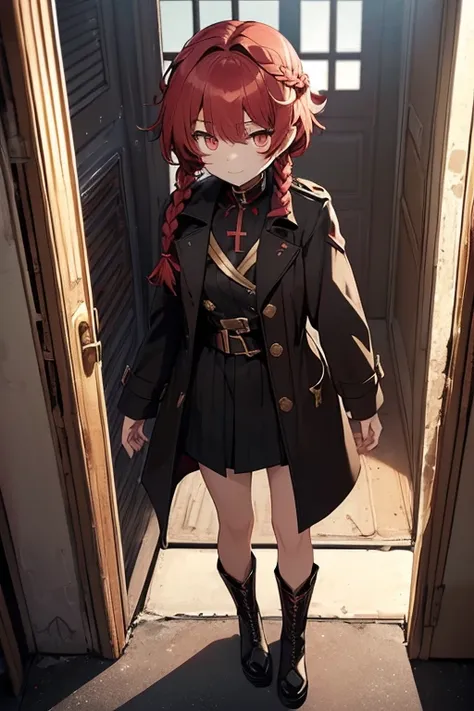 fluffy hair,red hair,((braided shorthair)),slightly red tide,((gold eyes)),(black military uniform), a black ribbon, staring at ...