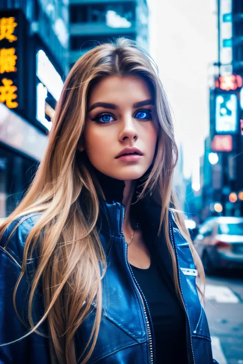 Real Women、Face Barbara Palvin、Longhaire、Blue eyes、a blond、american jacket、World of Cyberpunk、