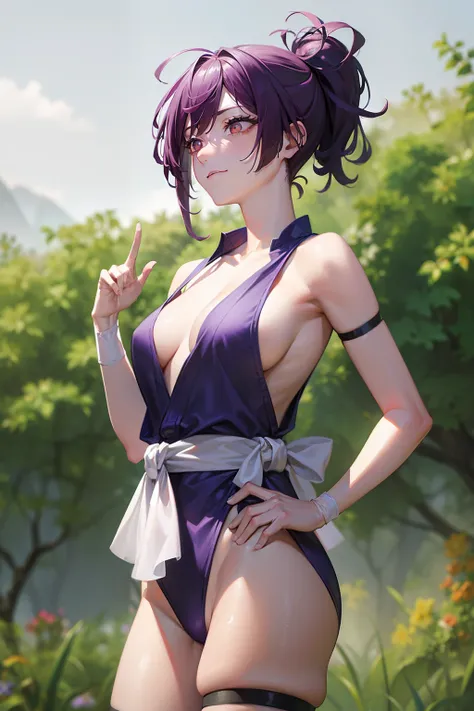 (Best quality at best:1.1), (tmasterpiece:1.2), sportrait, 1个Giant Breast Girl, yuzuriha_(earthly bliss), Purple colored hair, Brown eyes, ninjartist, Open your clothes, Chopping, little breast, Top knot, Medium hair, breasts parted, white sash, pervert sm...