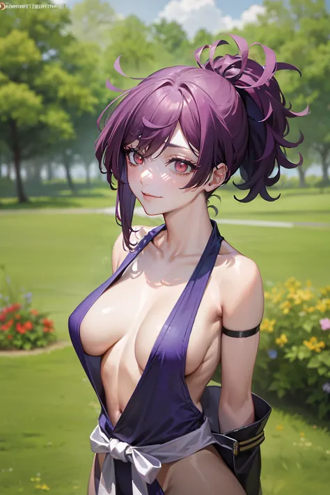 (Best quality at best:1.1), (tmasterpiece:1.2), sportrait, 1个Giant Breast Girl, yuzuriha_(earthly bliss), Purple colored hair, Brown eyes, ninjartist, Open your clothes, Chopping, little breast, Top knot, Medium hair, breasts parted, white sash, pervert sm...