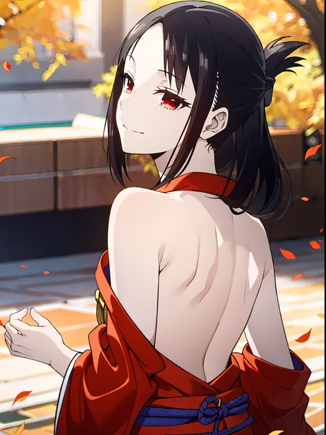 (masterpiece:1.2), (pale skin:1.2), (solo:1.2), (female:1.1), (emphasis lines:1.3), black hair, red eyes, bare back, shoulder blades, bare shoulders, kimono, smile, closed mouth, outdoors, leaves, red ribbon