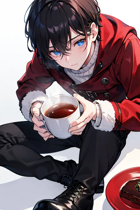 male people　A dark-haired　blue eyess　Red coat　Sweaters　Black slacks　long boots　Christmas　cake and tea　​masterpiece　Top image quality　denoise　Clear 　cinematic shadow　Increased attractiveness of the eyes　Clear the shine of the eyes　Draw eyelashes neatly　Perf...