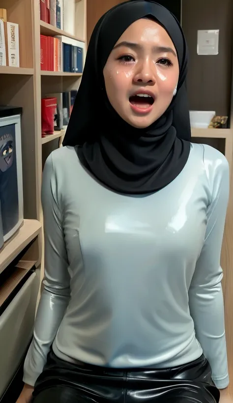 HIJAB MALAY GIRL, masutepiece, High quality, UHD 32K, Realistic face, Realistic skin feeling , A Japanese Lady, 8 years old, Little Girl, Very cute and baby-like face, Womens Competition One-Piece Swimsuit, Sitting, itting open legs, Spread Leg, (((facials...