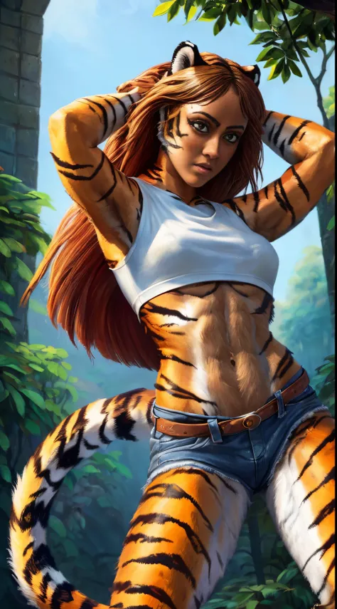 actress ((Nathalie Emmanuel)), 1girl, solo, human head, pretty human face, (tiger fur:1.4), (tiger skin:1.1), (tiger tail:1.3), (orange fur), white fur, (red long straight hair:1.4), sharp claws, set of fangs, wearing white crop top, blue crop shorts, intr...