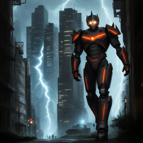 Megatron, 1 character, masterpiece, 8k, orange armoured body, dynamic, male robotic, full body 45ft, in word city, cyber lights, lightning, red eyes light borders,