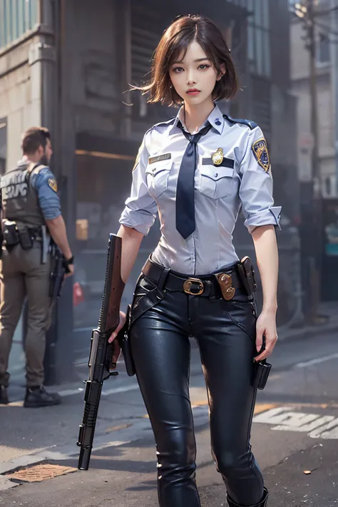 ((Top quality raw photos, reallistic, realphoto: 1.4, extremely detailed texture)), （European woman on the street, light brown shorthair), ((Police officer emblem on chest、Tight white pants,Tight-fitting pants without pockets、Blue uniform shirt with badge、...