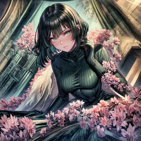 ((masterpiece,best quality))1girl, solo, 23 years old, turtleneck long sleeves dark green dress, light green eyes, chin-length dark green hair with a fringe styled into a bob, blush, siting on a side of a bed, indoors, bedroom