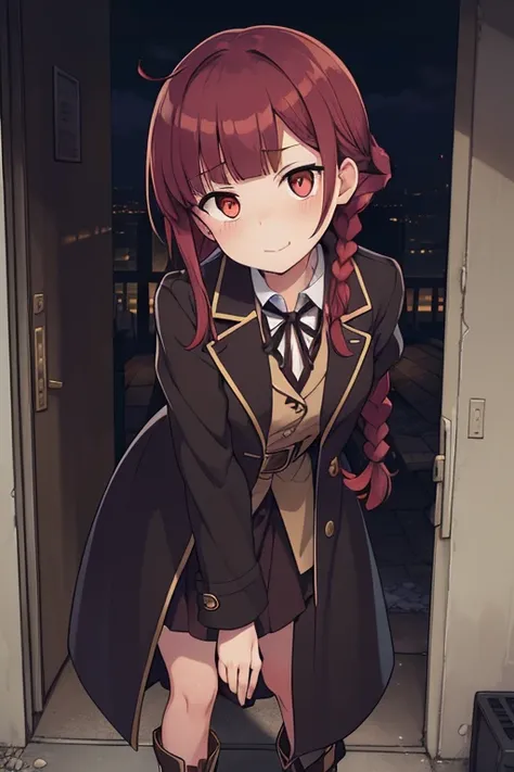 crouching down, tie shoelaces, From  above, full bodyesbian, Sexy legs,fluffy hair,Red hair,((Braided shorthair)),Slightly red tide,((Gold eyes)),(Black military uniform), Staring at me, Smile with a kind face, ,((a dark night)),((dark apartment late at ni...