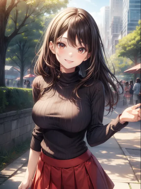 top-quality、Full limbs、complete fingers、Slender beauty、Women with straight hair、(Brown-haired woman)、Women with medium hair、(Beautiful busty woman:1.3)、black knit tops、Red mini flared skirt、Black High Socks、Naughty Poses、a park、A big smile