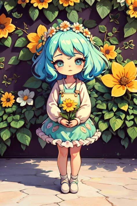 (best quality,4k,highres,masterpiece:1.2),cute chibi girl,beautiful detailed eyes,beautiful detailed lips,extremely detailed eyes and face,long eyelashes,1girl,garden,flowers,sunlight,greenery,flower crown,adorable expression,soft pastel colors,peaceful at...