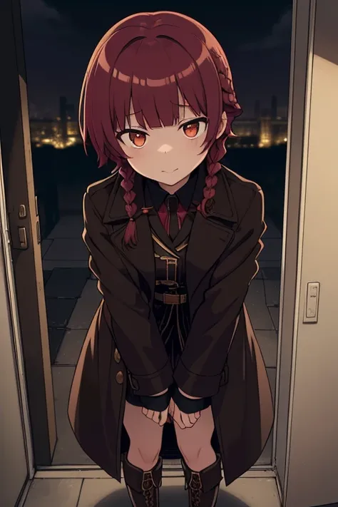 crouching down, tie shoelaces, From  above, full bodyesbian, Sexy legs,fluffy hair,Red hair,((Braided shorthair)),Slightly red tide,((Gold eyes)),(Black military uniform), Staring at me, Smile with a kind face, ,((a dark night)),((dark apartment late at ni...