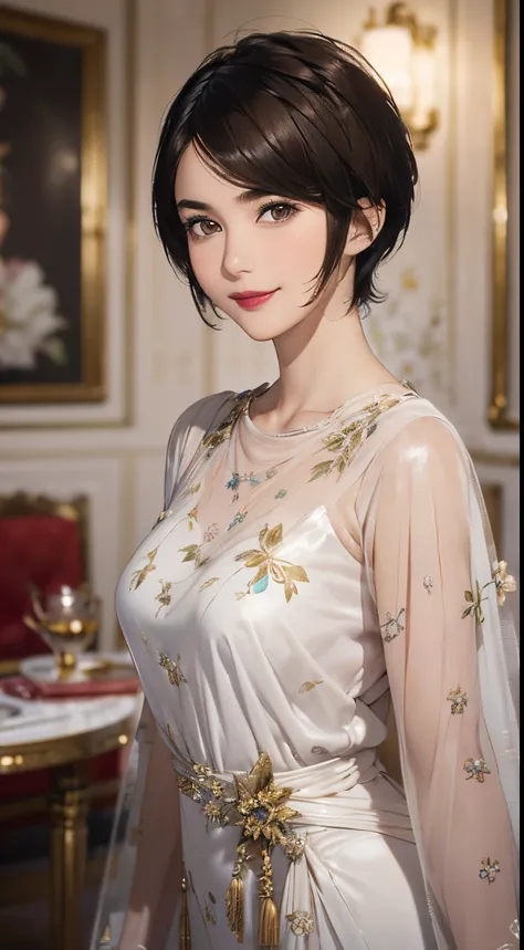 124
(a 20 yo woman,Art Works), (A hyper-realistic), (high-level image quality), ((beautiful hairstyle 46)), ((short-hair:1.46)), (Gentle smile), (brest:1.1), (lipsticks), (florals), (Luxurious room), (Depth of field is deep), (Have a dog)