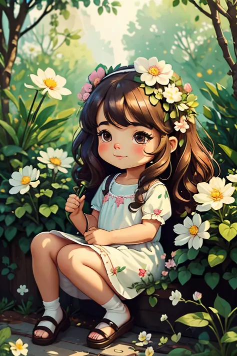 (best quality,4k,8k,highres,masterpiece:1.2),ultra-detailed,(realistic,photorealistic,photo-realistic:1.37),gorgeous vibrant colors,soft natural lighting,medium:oil painting,"beautiful garden","lush flowers",1girl,sparkling eyes,rosy cheeks,flower crown,bu...