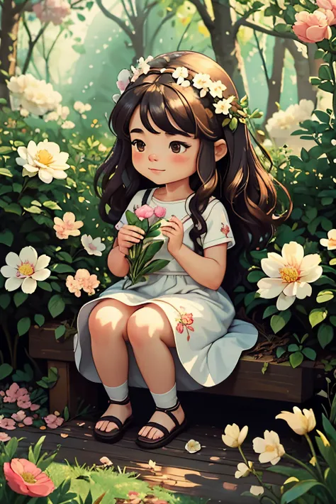 (best quality,4k,8k,highres,masterpiece:1.2),ultra-detailed,(realistic,photorealistic,photo-realistic:1.37),gorgeous vibrant colors,soft natural lighting,medium:oil painting,"beautiful garden","lush flowers",1girl,sparkling eyes,rosy cheeks,flower crown,bu...