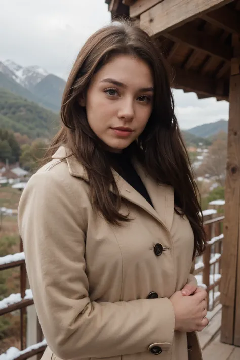 Female 22 years old. long brown hair. labios gruesos. color de ojos verdes. carita bonita, in the mountains with a brown coat. Feliz. Abriendo los brazos y saltando