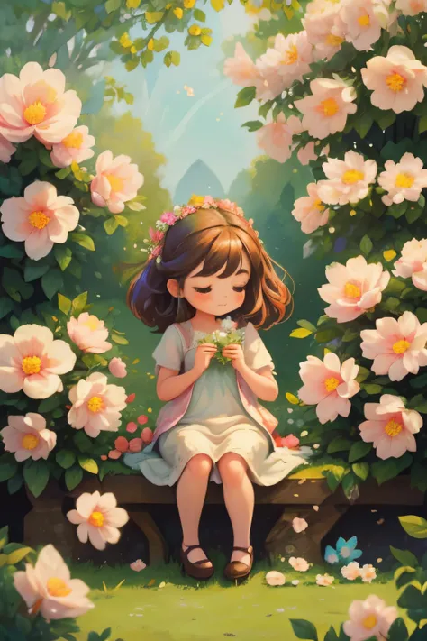 (best quality,4k,8k,highres,masterpiece:1.2),ultra-detailed,(realistic,photorealistic,photo-realistic:1.37),gorgeous vibrant colors,soft natural lighting,medium:oil painting,"beautiful garden","lush flowers",1girl,sparkling eyes,rosy cheeks,flower crown,bu...