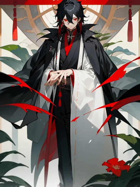 (masterpiece, best quality), black hair, plant, looking at viewer, red eyes, japanese, black coat, long sleeves, indoors, solo focus, standing, 1boy, jewelry, hair between eyes, open clothes