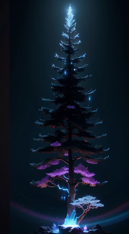 professional modern photograph of ancient tree with lighting petals, neon lights, thin smoke trails, lanterns, big planet, crystals, award winning masterpiece, trending on artstation, by Jessica Rossier and rhads highly detailed, particles, blue light effe...