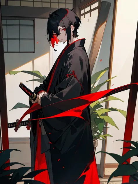 (masterpiece, best quality), black hair, short hair, katana, plant, looking at viewer, red eyes, japanese, black coat, long sleeves, indoors, solo focus, standing, 1boy, jewelry, hair between eyes, open clothes