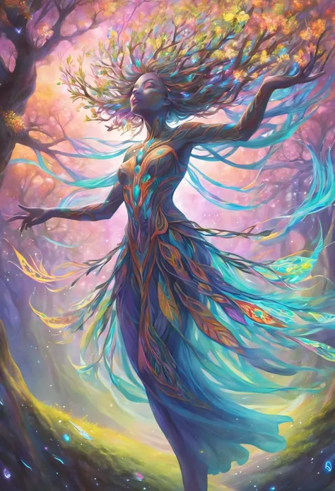 highres, psychedelic style female tree person, vibrant colors, glowing eyes, flowing branches, ethereal atmosphere, surreal landscape, intricate details, leaves and flowers dancing in the wind, magical aura, wisps of light and colors surrounding the tree p...