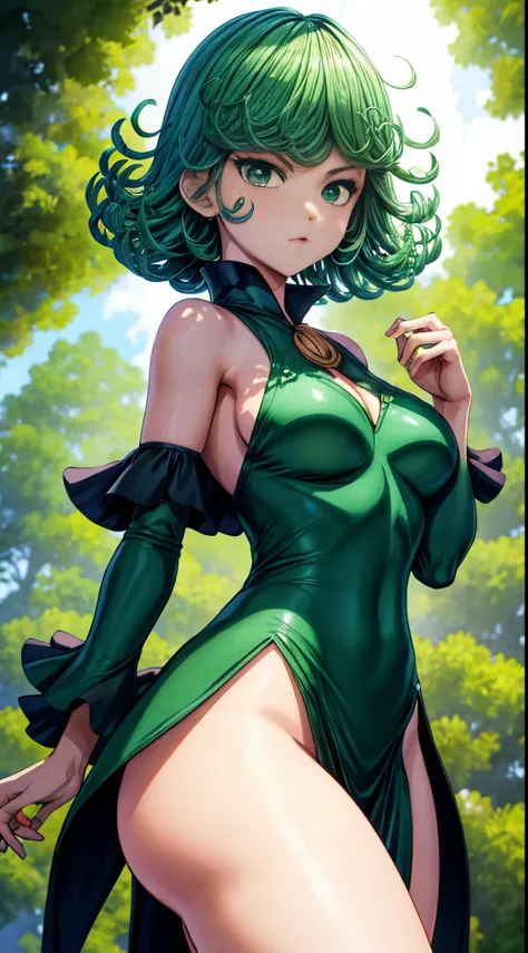 Uma mulher em um vestido verde sentado em uma prateleira,tatsumaki de Um Soco Homem, Menina bonita do anime agachado, tatsumaki, thicc, Ela usa um vestido verde escuro, tatsumaki, peeping from behind, Postura das costas, Total growth behind, Growing from b...