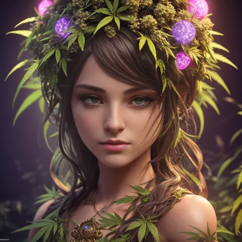 masterpiece, best quality, ultra-detailed, photorealistic, girl made of weed and plants, goddess of dryad, fantasy character, concept art, volumetric neon lights, intricate details, depth of field, professional lighting,