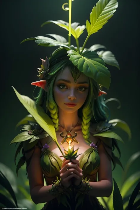 masterpiece, best quality, ultra-detailed, photorealistic, girl made of weed and plants, goddess of dryad, fantasy character, concept art, volumetric neon lights, intricate details, depth of field, professional lighting,