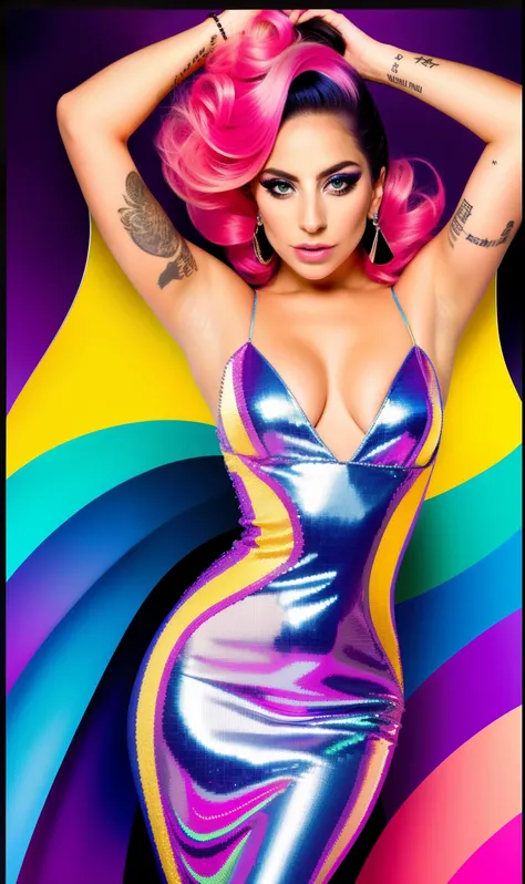 Lady GaGa vestido de colores brillantes y diamantes,extravagante,textura 4K, cabello largo y de colores, calidad alta, cuerpo completo,varias poses corporales,peinado extravagante, Original album cover, imagen 8k, futurista, alta calidad de imagen, en la n...