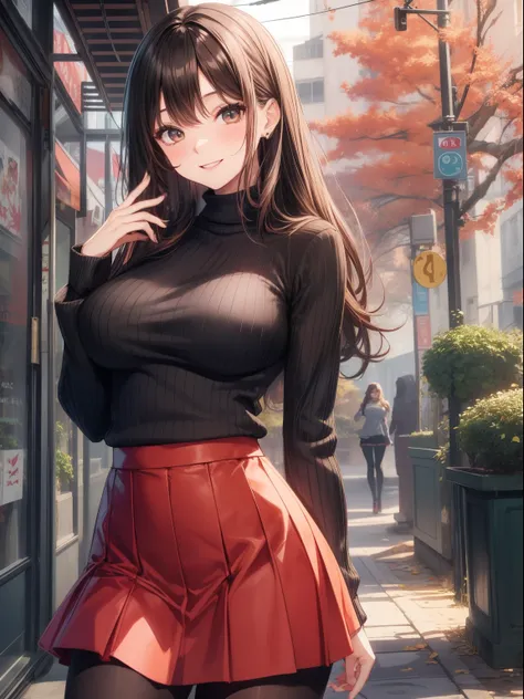 top-quality、Full limbs、complete fingers、Slender beauty、Women with straight hair、Brown-haired woman、Women with medium hair、(Beautiful busty woman:1.3)、(black knit tops)、(Red mini flared skirt)、Black pantyhose、Naughty Poses、a park、A big smile