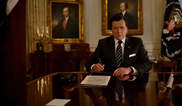 A man with dark hair sits in the presidential chair of the White House., papers, cinematic scene, camera distance, Dark atmosphere