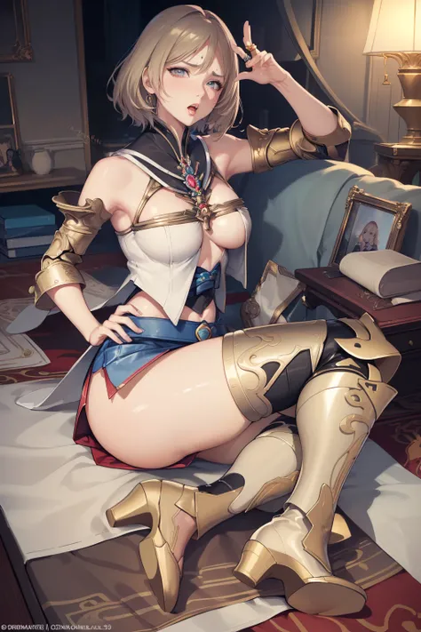 (the golden ratio,masutepiece, of the highest quality, Best Quality, Beautiful and aesthetic:1.2), ighly detailed, Colorful,highest details, (Adults,age19,1girl in, Solo, Final Fantasy 12,Ashelia, shorth hair, short-hair,Ashelia Costume, Colossal tits, a m...