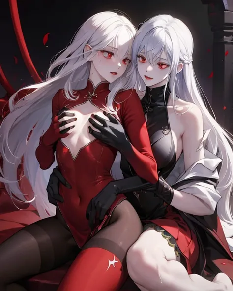 "2 girl, ((Masterpiece)), [Slim], (Small breasts), Pale skin, ((Detailed eyes)), (Background blur), ganyudef white long hair, Red eyes, villainous, Dark theme, [eyes liner], Evil". . Pantyhose. Embracing. Blushing, sweating. Naked, . Riding on top. Lesbian...