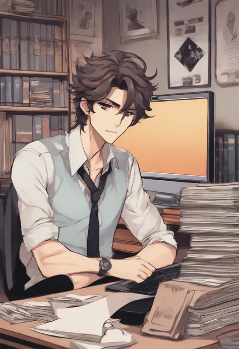 A photo of the character sitting at their desk, surrounded by open manga volumes, with a laptop displaying anime fan art on the screen.,original,skinny, bad skin, long hair, greasy hair, ferrety face, wispy moustache , male