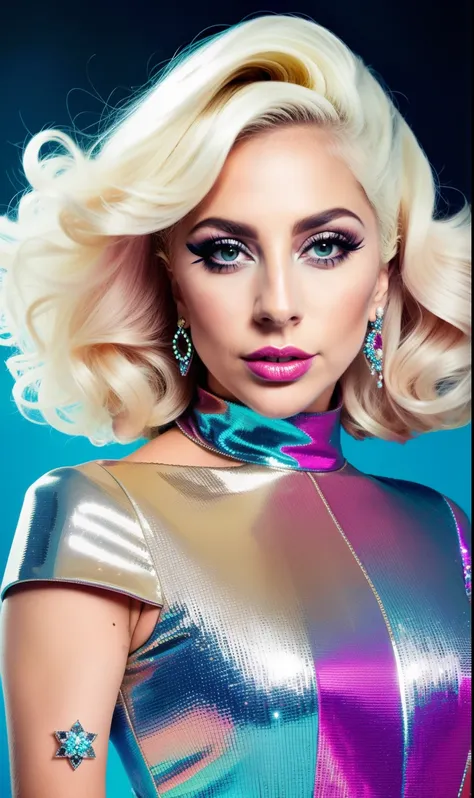 Lady GaGa vestido de colores brillantes y diamantes,extravagante,textura 4K, cabello largo y de colores, calidad alta, cuerpo completo,varias poses corporales,peinado extravagante, Original album cover, imagen 8k, futurista, alta calidad de imagen, en la n...