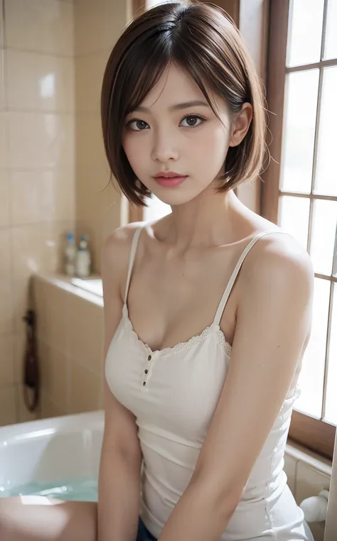 Cute 21 years old Japan、bath room、Camisole、Super Detail Face、Eye of Detail、二重まぶた、beautiful thin nose、foco nítido:1.2、prety woman:1.4、(light brown hair,Shortcut Hair, ),fair white skin、top-quality、​masterpiece、超A high resolution、(Photorealsitic:1.4)、