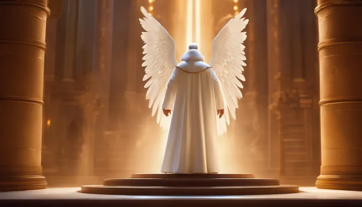 Pixar, a big angel of God standing like the bible time, dressed in white overall, a very beautiful background,