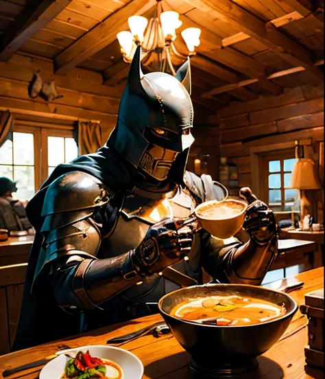 Dark fantasy knight sitting in a cottage eating hot soup