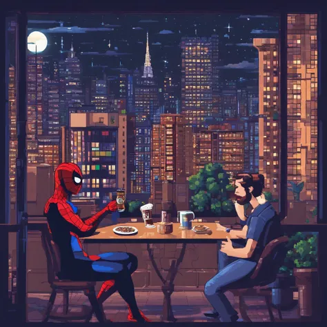 2people in the city,spiderman，recording podcast with microphone,drinking beer, in front of stars in window at night time hyper realistic,8k,ultra detailed hd,pixar style,high definition,16:9