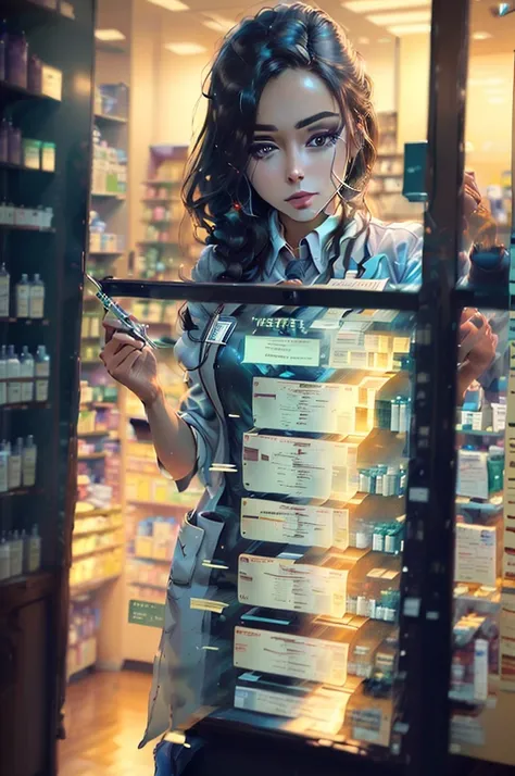 ((Masterpiece)), ((Best Quality)), A pharmacist at a well-organized pharmacy, ready to assist customers with their healthcare needs.