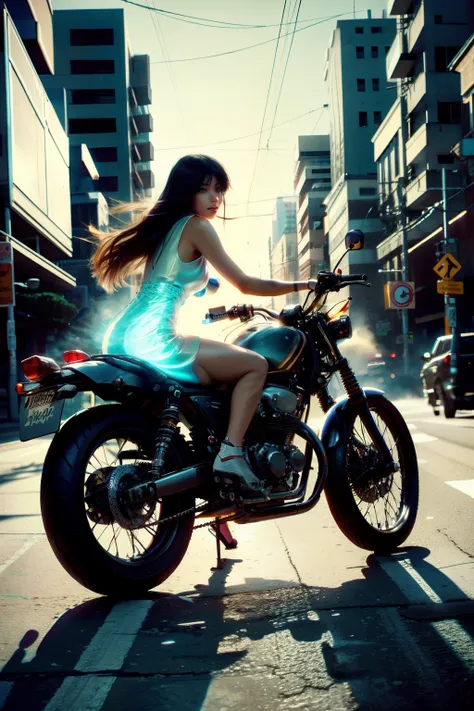 4K,hightquality,hiquality, Asian,Plump breasts, Anime girl riding motorcycle on city street with buildings in the background, artwork in the style of guweiz, guweiz, guweiz on pixiv artstation, guweiz on artstation pixiv, qipao dress, akira motorcycle, mot...