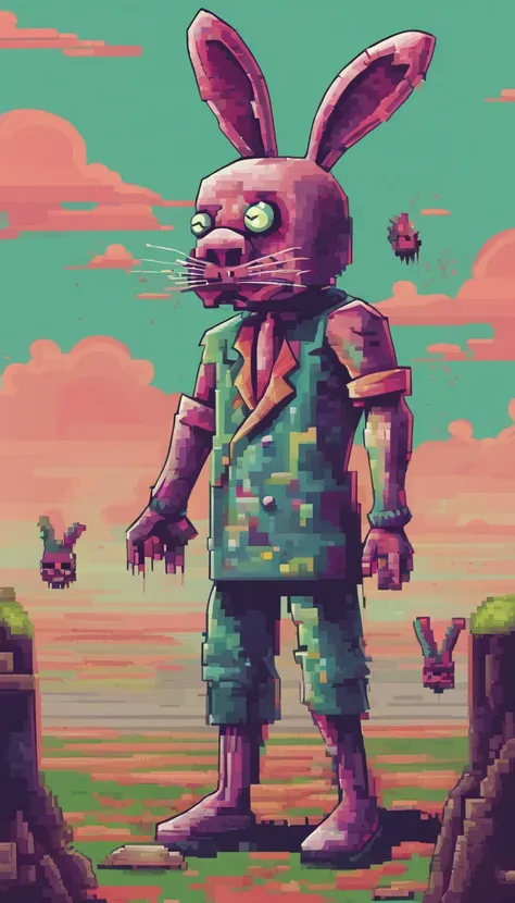 Surrealist painting of zombie man in a random bunny costume, cores escuras, horror, assustador.