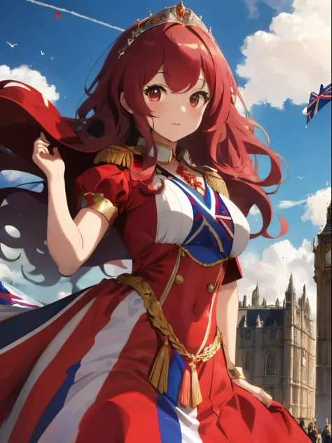 (Super long curly hair),(short-hair),Slight red tide,(A voluminous princess-like dress),(((Costume inspired by the flag of Great Britain))),