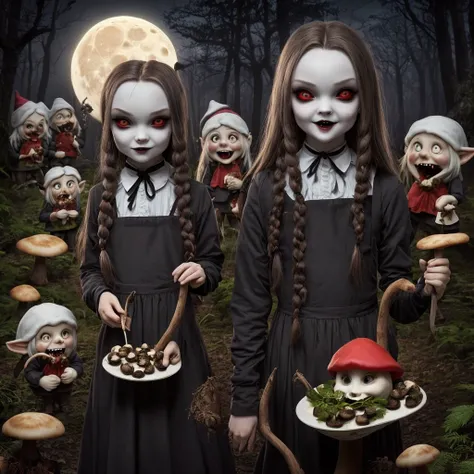 Scary Wednesday Adams eats mushrooms in the forest, in the company of scary gnomes, moon light, terrible grin, red vampire eyes, tousled hair, Severed arm