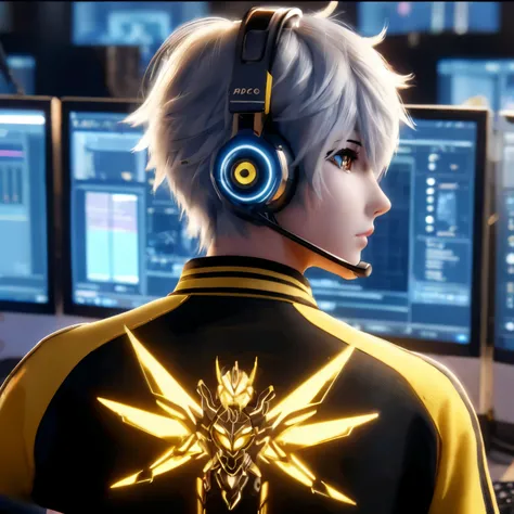 anime character with headphones and a microphone in front of a computer, cyberpunk bee, best anime 4k konachan wallpaper, anime ...