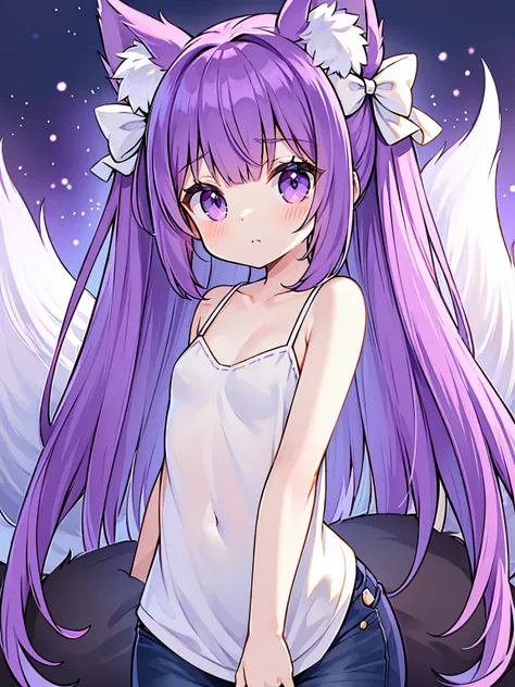 ((masterpiece:1.2, best quality)), highres, solo, long_hair, ((silver_hair:1.3)), ((purple hair highlights:1.3)), bow, hair_bow, ((loli:1.3)), ((small breasts)), ((flat chest)), bangs, purple eyes, animal ears, kitsune, fox ears, fox girl, black fox tails,...