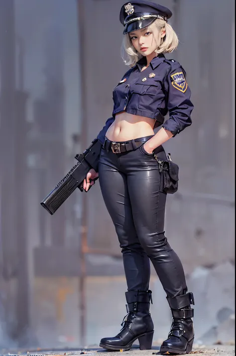 ((Top quality raw photos, reallistic, realphoto: 1.4, extremely detailed texture)), （European woman on the street, light brown shorthair), ((Police officer emblem on chest、Tight white pants,Tight-fitting pants without pockets、Blue uniform shirt with badge、...