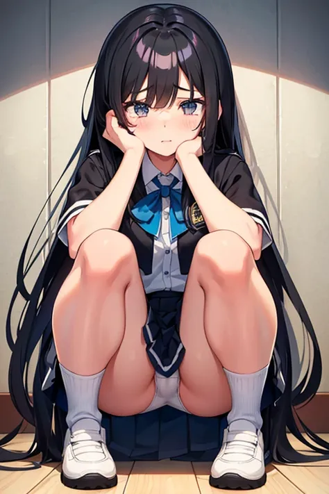 A 16-year-old female high school student with long black hair and wearing a school uniform squats down with tears in her eyes, opening her legs and showing her white panties.